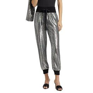 Cinq à Sept Giles Sequin Joggers Banded Drawstring Waist Silver Size XS